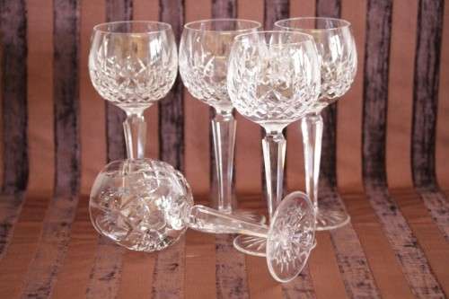 Superb set of 5x original Irish made Waterford crystal long-stem wine glasses in the Lismore pattern
