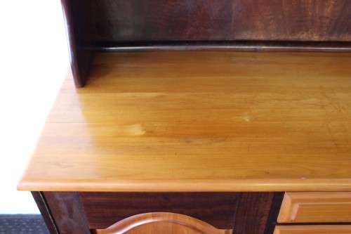 A superb Yellowwood and Imbuia dining room suite including table, 6x chairs & buffet server cabinet!