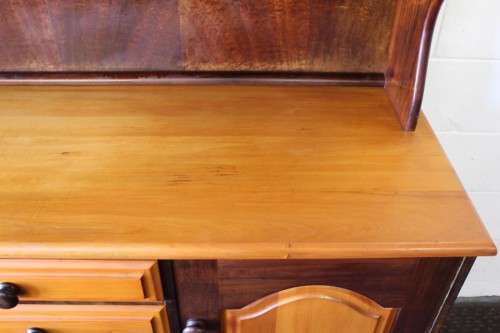 A superb Yellowwood and Imbuia dining room suite including table, 6x chairs & buffet server cabinet!