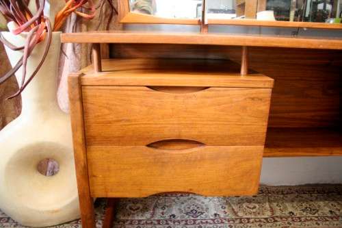 An exquisite Teak retro styled four drawer side-folding mirror dressing table and stool.