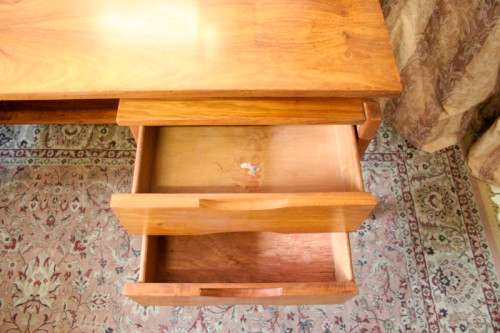 An exquisite Teak retro styled four drawer side-folding mirror dressing table and stool.