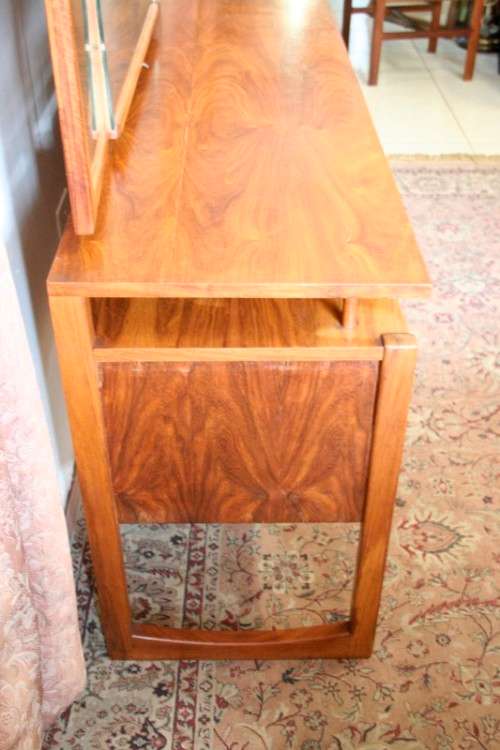 An exquisite Teak retro styled four drawer side-folding mirror dressing table and stool.