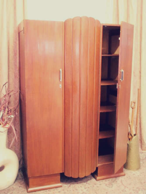 **RS17_Clearance** Vintage Art Deco Imbuia 3-door wardrobe with 4x large shelves & hanging space