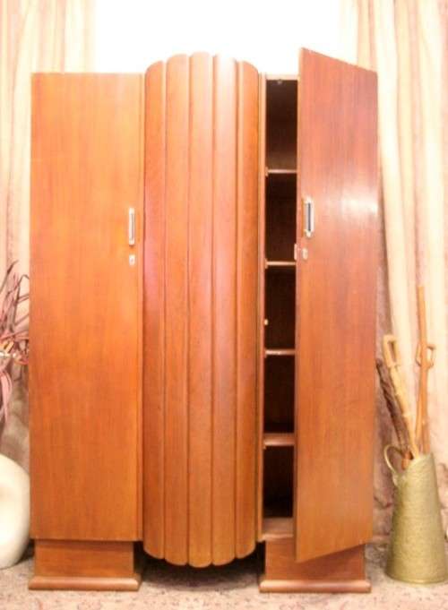 **RS17_Clearance** Vintage Art Deco Imbuia 3-door wardrobe with 4x large shelves & hanging space
