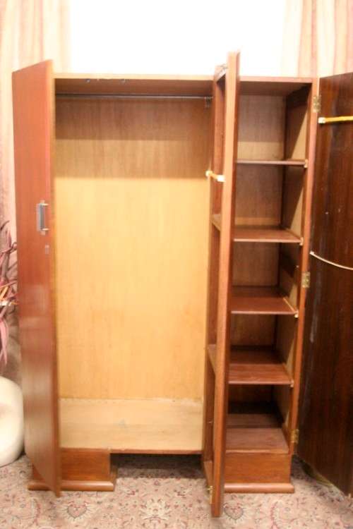 **RS17_Clearance** Vintage Art Deco Imbuia 3-door wardrobe with 4x large shelves & hanging space