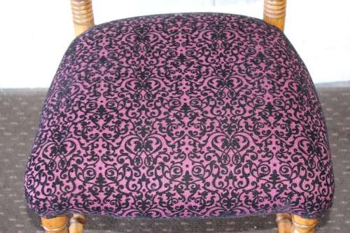 A rare antique hand-carved Oregon "Prie Dieu" prayer chair upholstered in a fabulous brocade fabric