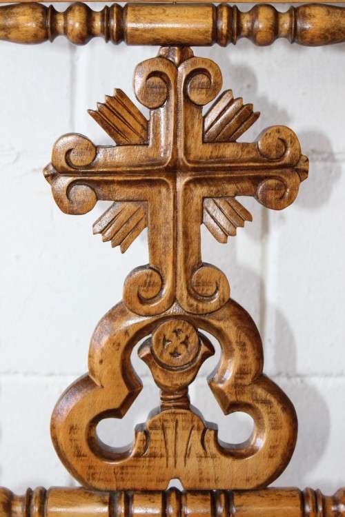 A rare antique hand-carved Oregon "Prie Dieu" prayer chair upholstered in a fabulous brocade fabric