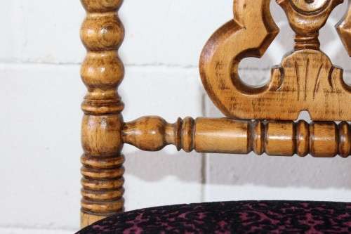 A rare antique hand-carved Oregon "Prie Dieu" prayer chair upholstered in a fabulous brocade fabric