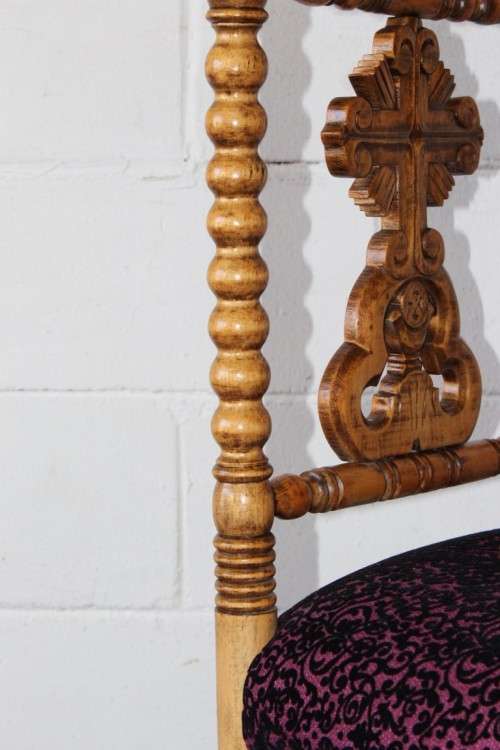 A rare antique hand-carved Oregon "Prie Dieu" prayer chair upholstered in a fabulous brocade fabric