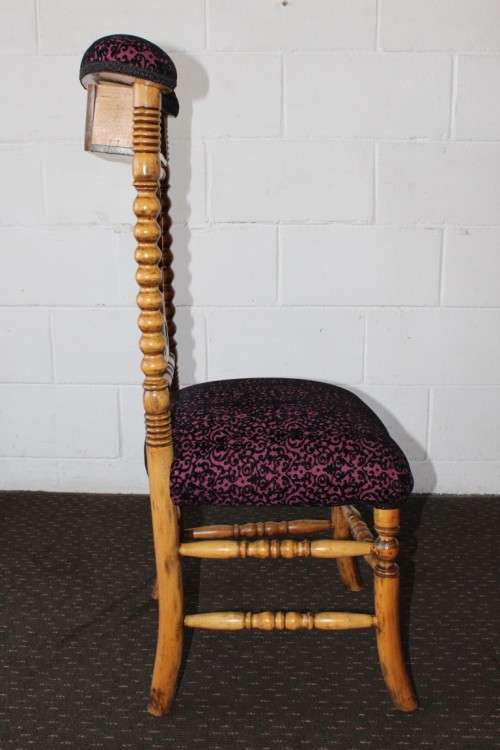 A rare antique hand-carved Oregon "Prie Dieu" prayer chair upholstered in a fabulous brocade fabric