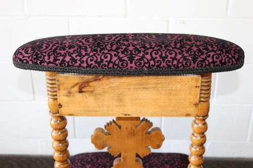 A rare antique hand-carved Oregon "Prie Dieu" prayer chair upholstered in a fabulous brocade fabric