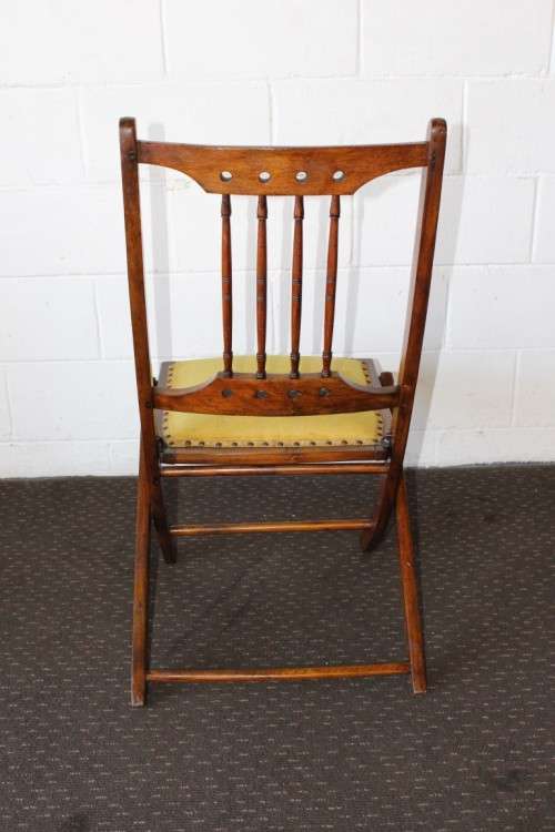 **RS17_Clearance** Antique Victorian solid teak folding chair w/ upholstered seat & spindle backrest