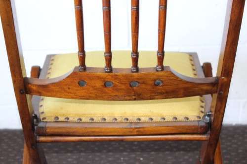 **RS17_Clearance** Antique Victorian solid teak folding chair w/ upholstered seat & spindle backrest