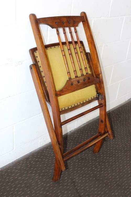 **RS17_Clearance** Antique Victorian solid teak folding chair w/ upholstered seat & spindle backrest
