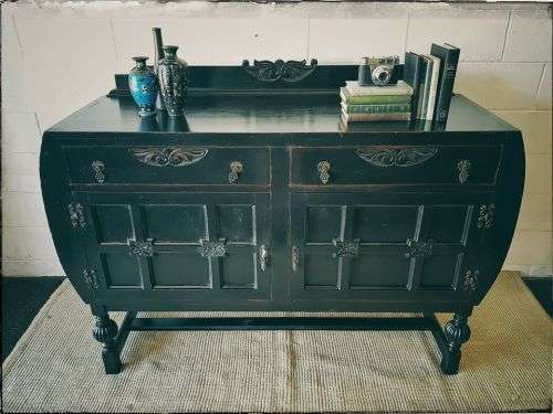 **RS17_Clearance** Gorgeous black Oriental sideboard/ buffet w/ styled handles & hinges & cupboards