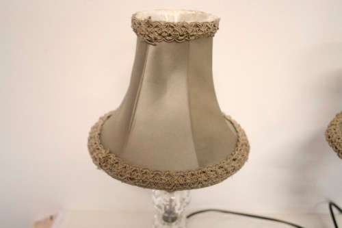 Two lovely table lamps with gorgeous lampshades and glass like bases; Stunning in all living areas!