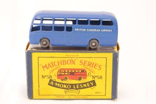 A rare original vintage (c1959) Matchbox No. 58 blue British European Airways die-cast model coach