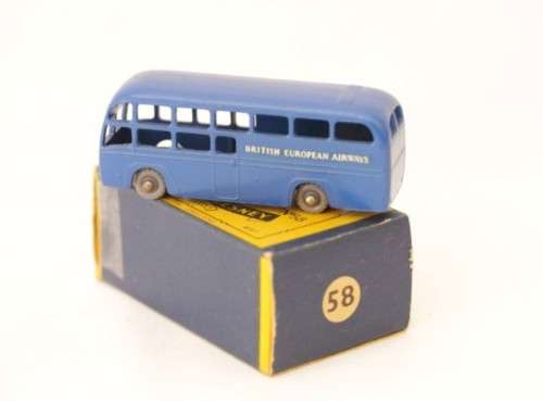 A rare original vintage (c1959) Matchbox No. 58 blue British European Airways die-cast model coach
