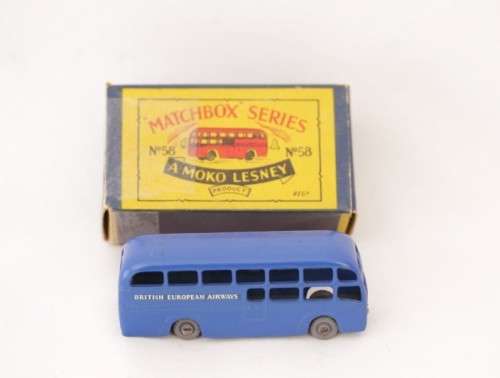 A rare original vintage (c1959) Matchbox No. 58 blue British European Airways die-cast model coach