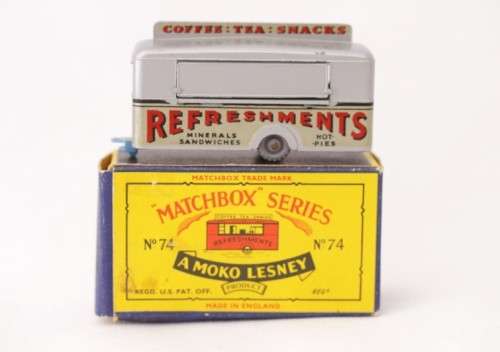 A rare original vintage (c1960) Matchbox No. 74 silver die-cast model mobile canteen in its box