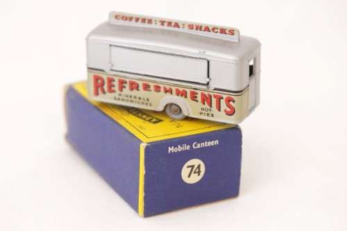A rare original vintage (c1960) Matchbox No. 74 silver die-cast model mobile canteen in its box