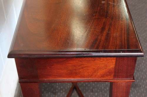 An incredible stylish "Benchmark Wood Classics" one-drawer Mahogany console table w fall-down door