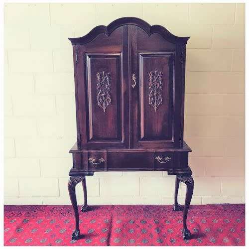 Magnificent tall Imbuia cocktail cabinet w/ a fold-down serving shelf & ball & claw legs - RS17Sale