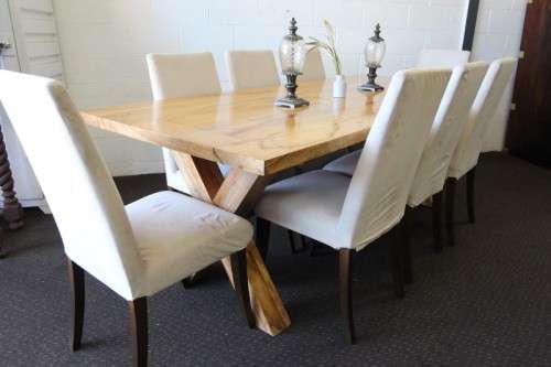 **RS17** incredible 8-seater 2.2m solid light teak cross-leg dining table w 8x hi-back dining chairs