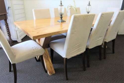 **RS17** incredible 8-seater 2.2m solid light teak cross-leg dining table w 8x hi-back dining chairs