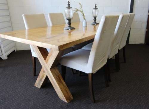 **RS17** incredible 8-seater 2.2m solid light teak cross-leg dining table w 8x hi-back dining chairs