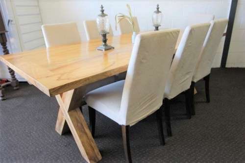 **RS17** incredible 8-seater 2.2m solid light teak cross-leg dining table w 8x hi-back dining chairs