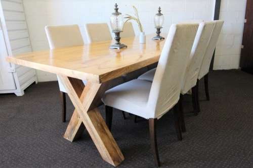 **RS17** incredible 8-seater 2.2m solid light teak cross-leg dining table w 8x hi-back dining chairs