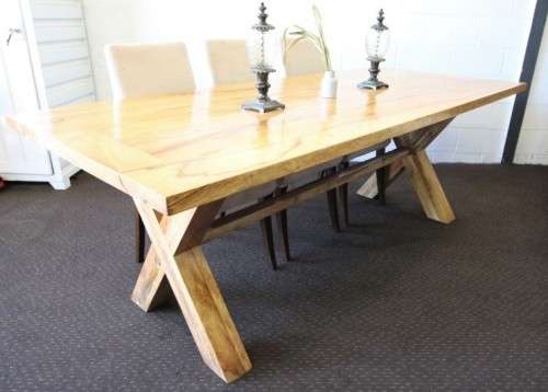 **RS17** incredible 8-seater 2.2m solid light teak cross-leg dining table w 8x hi-back dining chairs