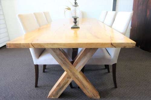 **RS17** incredible 8-seater 2.2m solid light teak cross-leg dining table w 8x hi-back dining chairs