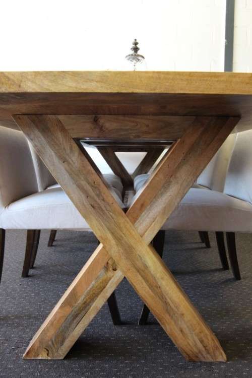 **RS17** incredible 8-seater 2.2m solid light teak cross-leg dining table w 8x hi-back dining chairs