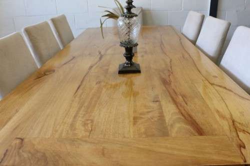 **RS17** incredible 8-seater 2.2m solid light teak cross-leg dining table w 8x hi-back dining chairs