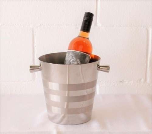 A stunning double-handle stainless steel wine cooler/ ice bucket with a lovely etched pattern
