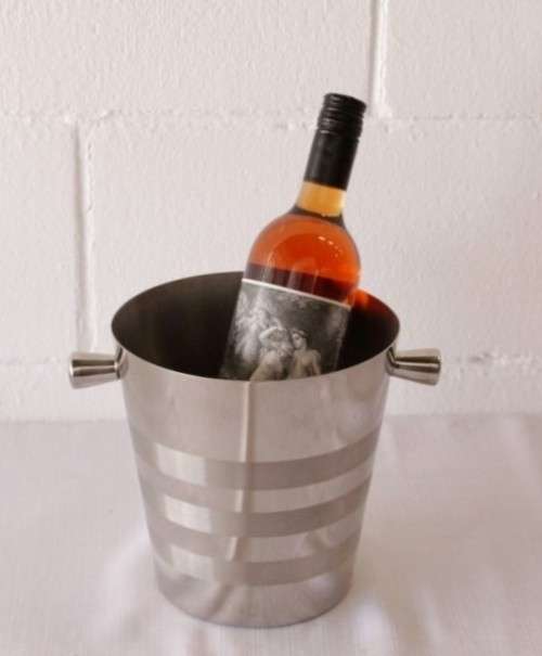 A stunning double-handle stainless steel wine cooler/ ice bucket with a lovely etched pattern