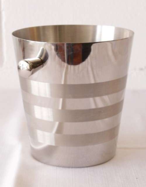 A stunning double-handle stainless steel wine cooler/ ice bucket with a lovely etched pattern
