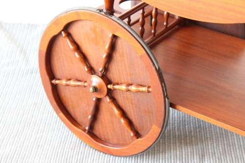 Amazing vintage "Wagon wheel" tea/ drinks trolley with drop-leaf sides and three cup/ flask holders