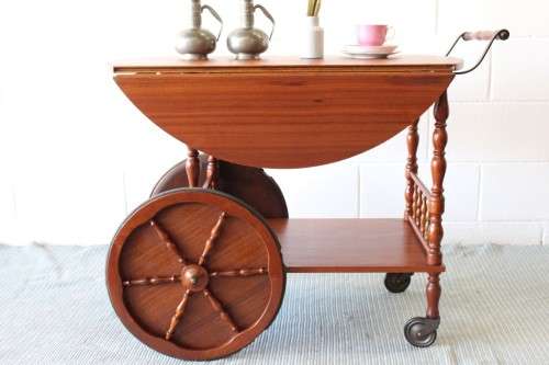Amazing vintage "Wagon wheel" tea/ drinks trolley with drop-leaf sides and three cup/ flask holders