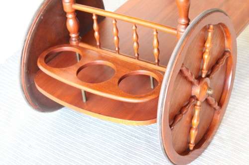 Amazing vintage "Wagon wheel" tea/ drinks trolley with drop-leaf sides and three cup/ flask holders