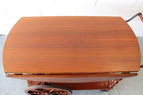 Amazing vintage "Wagon wheel" tea/ drinks trolley with drop-leaf sides and three cup/ flask holders