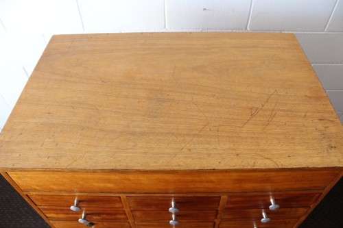 An awesome mid-century 14-drawer Apothecary cabinet with a double door cupboard and preparation top