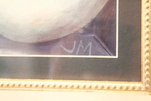 An exquisite signed "JM" print framed behind glass of four Arum Lilies. Stunning in all areas.