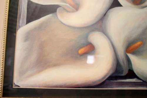 An exquisite signed "JM" print framed behind glass of four Arum Lilies. Stunning in all areas.