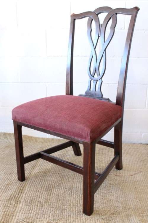 **RS17** An awesome set of five vintage upholstered carved Mahogany square-back dining chairs