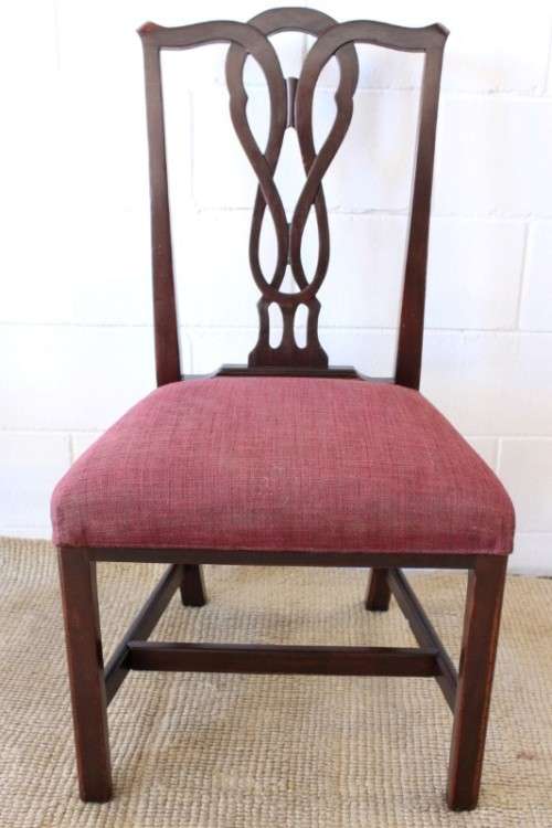**RS17** An awesome set of five vintage upholstered carved Mahogany square-back dining chairs