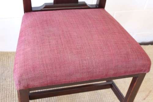 **RS17** An awesome set of five vintage upholstered carved Mahogany square-back dining chairs
