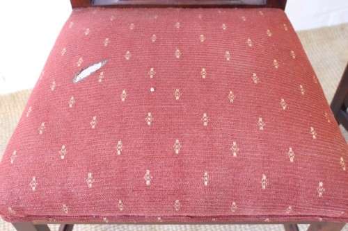 **RS17** An awesome set of five vintage upholstered carved Mahogany square-back dining chairs